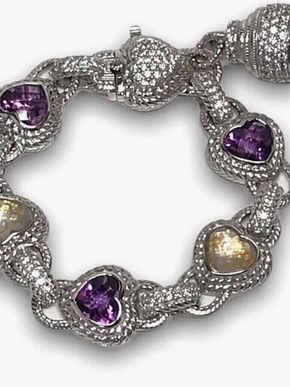 Judith Ripka Heart Link Silver Bracelet with Amethyst  and Champagne Heart Stone